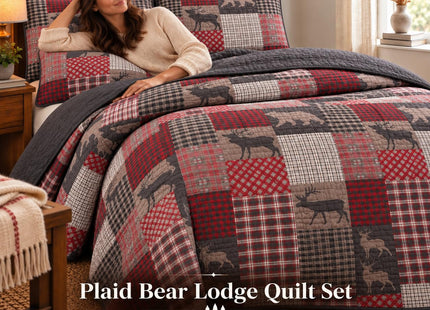 Rugs 4 Less Rustic Log Cabin Lodge Quilted Grey Charcoal Deep Red Reversible Plaid Bear Patchwork Bedspread Coverlet Bedding Set - Plaid Bear (King/Cal-King)
