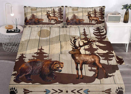 LUVIVIHOME 4PCS Brown Bear Sheets Set, Queen Bed Sheets, Deer Bedding, Moose Elk Woodland Animal Wildlife Hunting Lodge Rustic Cabin Farmhouse Bedding, 1 Fitted Sheet & 1 Flat Sheet with 2 Pillowcases