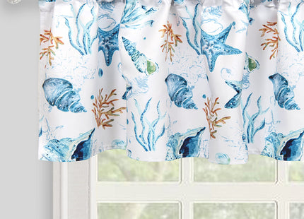Inselnwald Coastal Curtain Valance, Starfish Conch Coral Sea Ocean Creature Nautical Window Toppers Valances for Kitchen Bedroom Rod Pocket, 52Wx18L Inch, Blue