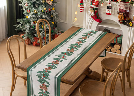 Midsummer Breeze Christmas Table Runner – Pinecone & Holly Design, 18”x90” inches Long, Winter Dining Holiday Décor-Green