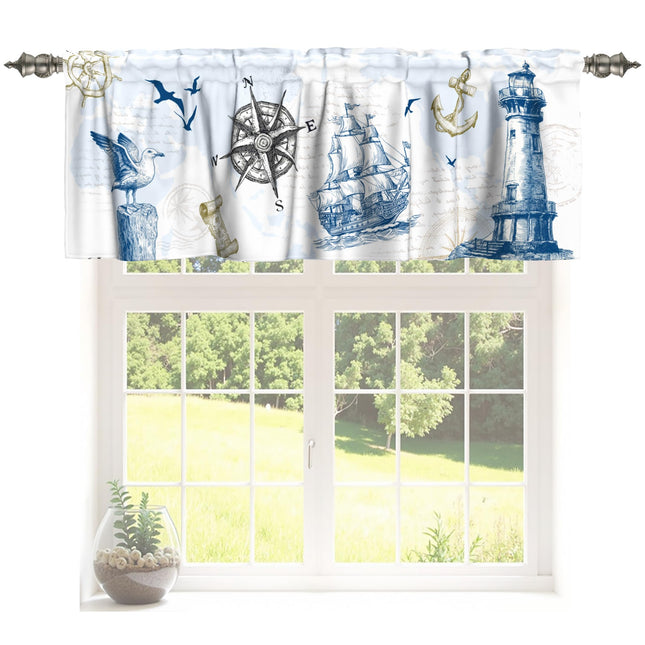 Miaoquhe Nautical Valances for Windows 54"x18" Blue Lighthouse Short Curtain for Kitchen Summer Coastal Sailboat Compass Anchor Seagulls Vintage Window Treatment Rod Pocket Valance for Bedroom Decor