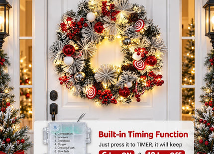 Christmas Wreath for Front Door, 18 Inch Prelit Christmas Wreath with Timer, Warm LED Light, Red Berries, Snow, Pinecone, Candy Cane, Lighted Xmas Decorations for Indoor Outdoor Xmas Collection