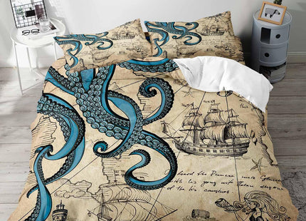 LUVIVIHOME 3PCS Ocean Octopus Duvet Cover Queen Bedding Sets, Nautical Coastal Sailboat Lighthouse Mermaid Teal Kraken Tentacles Marine Sea Animal Vintage Brown Comforter Quilt Cover, 2 Pillow Cases