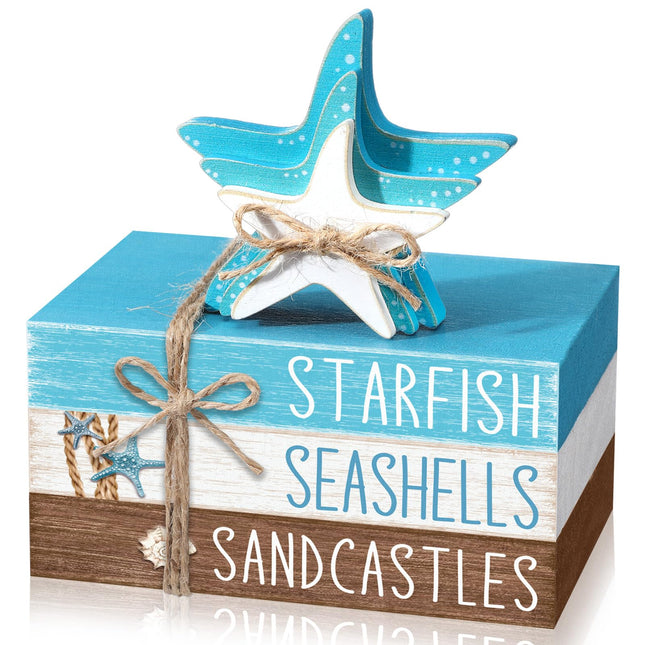 Geelin 4 Pcs Summer Beach Tiered Tray Decor Wooden Book Stack Signs, Starfish Seashell Coastal Nautical Table Centerpiece for Shelf Coffee Bar Home Kitchen Beach House Decorations