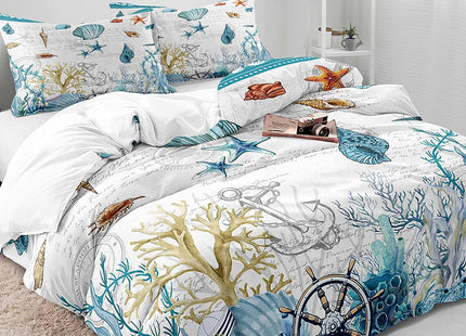 LUVIVIHOME 3PCS Nautical Coastal Bedding Set, White Duvet Cover King, Teal Blue Starfish Seashell Conch Coral Seaweed Anchor Rudder Ocean Sea Marine Summer Beach Comforter Quilt Cover, 2 Pillow Cases