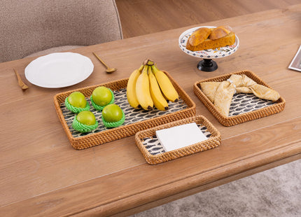 BROWNLILY Rattan Tray 3 Pcs with Mother of Pearl Inlay, Decorative Wicker Serving Tray for Bread Fruit Tea with Wooden Base, Boho Coastal Home Decor Baskets for Counter Decor & Organization (Fish)