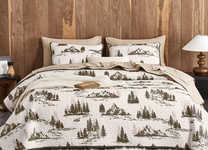 Wake In Cloud - Rustic Quilt Set, Cabin Forest Woodland Camping Theme with Lodge Mountain Print, Reversible Lightweight Bedspread Coverlet, 3 Pieces, Beige Brown, Queen/Full Size