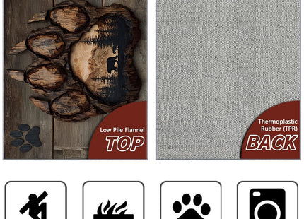 Bear Paw Print Area Rug, Rustic Wildlife Bear Rugs, Wood Grain Forest Hunting Print Rug, Cabin Lodge Wild Animal Carpet for Living Room Washable Anti-Slip Carpet