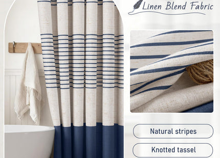 Navy Blue Coastal Ocean Linen Striped Shower Curtain with Tassel 72W X 72L