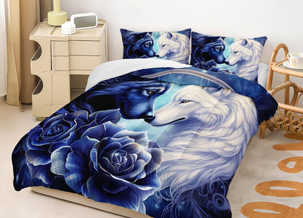 OUIXOTIC Wolf Print Comforter Set Queen Size,White and Dark Blue Wolf in Flowers Duvet Set, Forest Animals Printed Quilte Set for Girls Boys Adult,with 1 Comforter and 2 Pillow Case