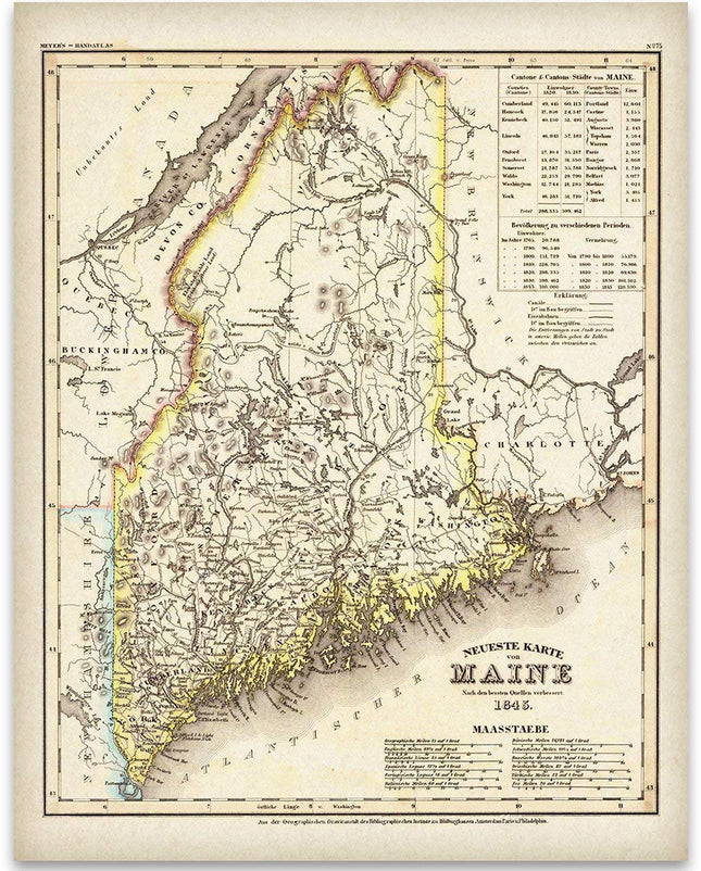 Vintage 1845 Maine Map Print – 11″ x 14″ Unframed Art Poster – Antique New England Wall Art for Home, Cottage or Office Decor