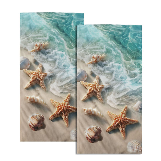 Granbey 2 Pack Summer Coastal Ocean Hand Towels for Bathroom Beach Starfish and Seashell Soft Absorbent Fingertip Guest Summer Bath Towels for Home Kitchen Decor 14"x28"