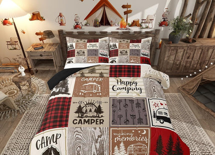 Erosebridal Short Full Comforter for Rv Camper Happy Camping Bunk Comforter Set Rv Camper Accessories Bedding for Travel Trailers, Patchwork Buffalo Plaid Pine Tree Arrow Quilt Set Red Brown