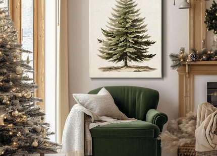 Vintage Christmas Tree Canvas Wall Art,Botanical Pine Tree Print Poster
