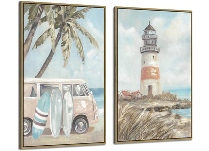 ARTISTIC PATH Coastal Lighthouse Canvas Framed Wall Art 24"x36"x2 PCS