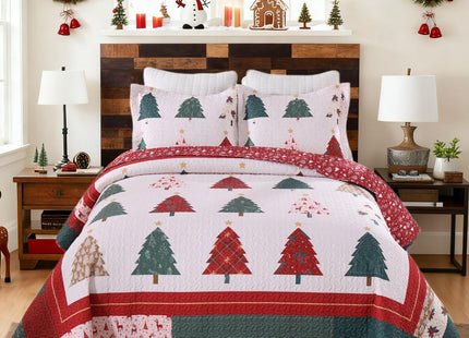 MarCielo Christmas Pine Tree Bedspread Quilt Set with Shams, Queen