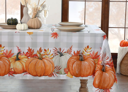 Softalker Fall Tablecloth Rectangle, Grey Buffalo Plaid with Pumpkins