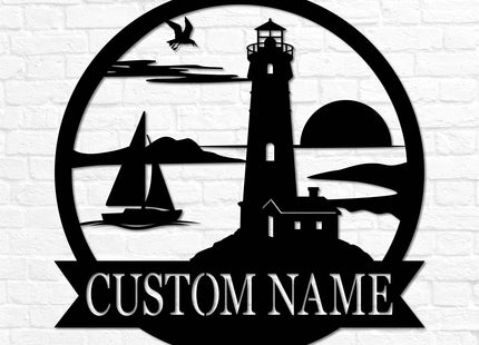 Custom Lighthouse Metal Last Name Outdoor Sign | Coastal Home Decor