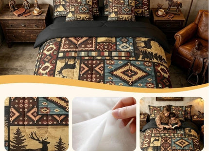 Erosebridal Rustic Bear 7 Piece Comforter Set Queen Bed in a Bag,Buffalo Plaid Grid Bedding,Hunting Deer Farmhouse Cabin Decor Quilt,Retro Southwest Aztec Bed Set,Tribal Sheets,Brown Red
