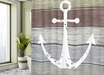 Ambesonne Anchor Shower Curtain, Grunge Style Nautical Ornament Timeworn Matine Pattern on Rustic Wooden Planks, Cloth Fabric Bathroom Decor Set with Hooks, 69" W x 70" L, Green Umber