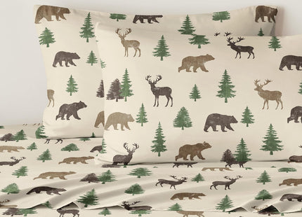Wake In Cloud - Cabin Bed Sheets, 4-Piece Sheet Set, Rustic Lodge Western Country Bear Deer Wildlife Forest Theme Bedding, Deep Pocket, Green Brown, Queen Size