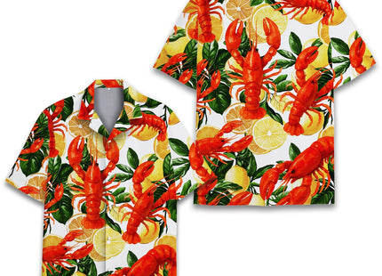 HPQ Lobster & Lemon Hawaiian Shirt for Men, Lobster Button Down Shirt, Summer Crawfish Short Sleeve Shirt Seafood Lover Gift