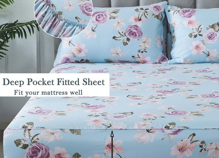 FADFAY White Sheet Set Beach Themed Bedding Sets 100% Cotton 600 TC Hypoallergenic Coastal Bedding Blue and Yellow Coral Print with Deep Pocket Fitted Sheet 4 Piece（White，Twin）