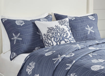 Harbor House Seaside Reversible Cotton Quilt Set Coastal Clam, Starfish, Coral Embroidery, All Season, Pre-Washed Coverlet Bedding Layer, Decorative Pillow, Full/Queen(90"x90") Navy 4 Piece