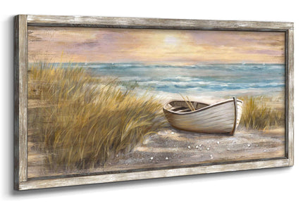 Beach Pictures for Wall for Bedroom Heavy Texture Boat Painting Framed Wooden Sailboat Wall Art Beach Theme Seaside Painting Artwork(48x24)