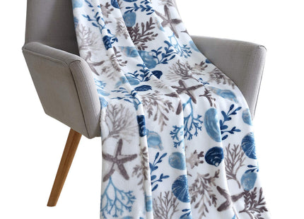 Coastal Ocean Beach Throw Blanket, Blue Gray Taupe White, 50x70 Oversized