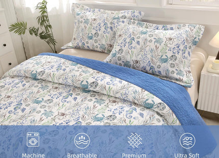 SUCSES 3Pcs Ocean Quilts Queen Size Cotton Coastal Quilt Bedding Set with Sea Turttle Seahorses Pattern Soft Oversized Bedspread Coverlet with 2 Shams for Beach Theme Room Decor