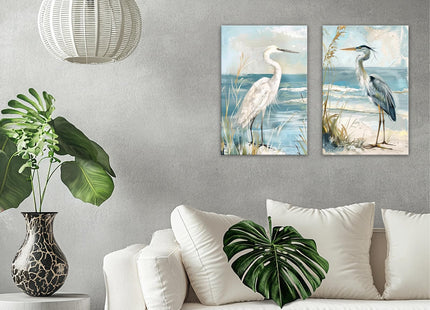 OAAPITI Coastal Heron Wall Art 2 Panel Beach Bird Canvas Set Seaside Wildlife Decor for Living Room Bedroom Home Office Wall Decor