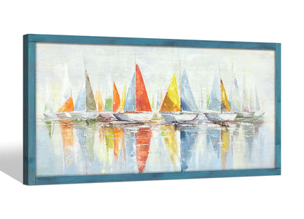 Coastal Wooden Framed Wall Art: Abstract Ocean SailBoat Picture Seascape Print Beach Painting Nautical Artwork for Bedroom 40"x20"