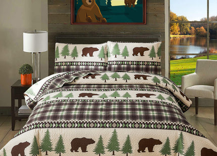 CHESITY Lodge Bedspread Twin Size,3 Piece Rustic Cabin Quilt Set Brown eBar Green Pine Tree Coverlet Lightweight Soft Reversible Plaid Stripe Bed Cover Farmhouse Decor for All Season(68"x 86")