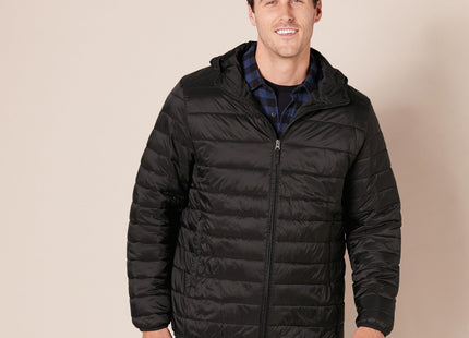 Amazon Essentials Men's Lightweight Water-Resistant Packable Hooded Puffer Jacket, Black, Medium