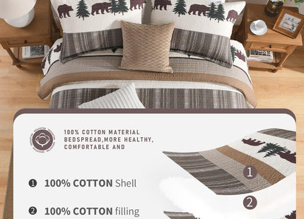 Finlonte Quilt King Size, 100% Cotton Christmas King Size Quilt, Lodge Cabin Farmhouse King Quilt, Brown Green Lightweight Soft Quilt Bedspread Sets for All Season, 3 Pieces