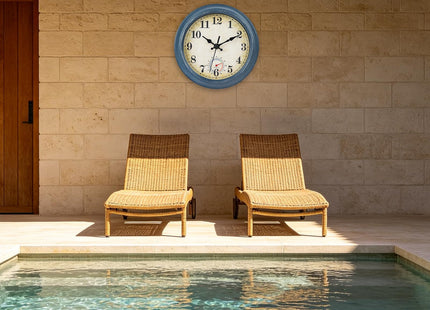 Horizent Outdoor Clocks Waterproof with Thermometer Combo Rustic Coastal Beach Wall Clock Decor for Bathroom Patio Pool (8 Inch,Blue)