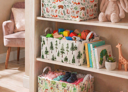 3 Pack Woodland Rectangle Storage Basket Green Forest Animals Shefl Basket Collapsible Bin for Nursery Closet Shelves Bedroom (Woodland)