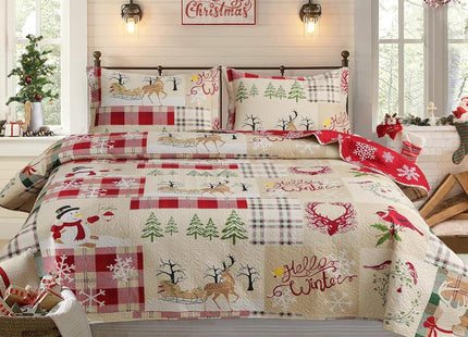 Hailea Christmas Bedspread Coverlet Twin Size Christmas Quilt Elk Snowman Bedding Set Lightweight Reversible Aqua Beige Red Plaid Quilt Bedspread Xmas Lodge Coverlet Snowflake Elk Xmas Tree Decor