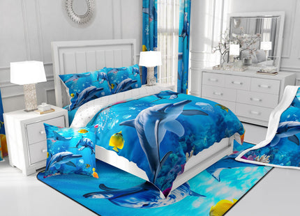 Cute Dolphin Fitted Sheet Twin for Kids Boys Girls,Coastal Animal Bedding Set,Ocean Creatures Under The Sea Bed Sheets,Blue Wave Hawaiian Beach Bed Set