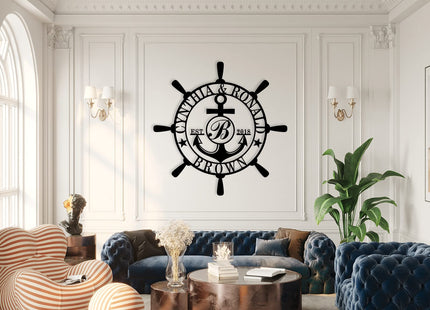Customized Family Name Sign, Nautical Wall Decor, Anchor Compass Metal Sign, Initial Split Letter Monogram Sign, Last Name signs, Personalized Housewarming Gift