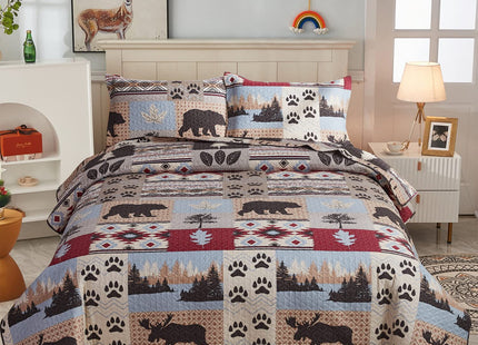 CHESITY Lodge Bedding Full/Queen Size, 3 Piece Quilts Set Rustic Cabin Bedspread Cover Reversible Coverlet Brown Bear Deer Wildlife Patchwork Plaid Bed Cover Country Decor(90"x 90")