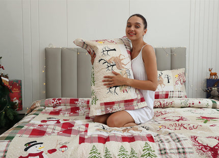 Lodge Style Ultra Lightweight Quilt Set King Size 96"x108", Striped 3 Piece Bedding Sets, Deer Snowflake Printed Rustic Bedspread Coverlet for Cabin Country Home Bedroom Decor,1 Quilt + 2 Pillow Shams