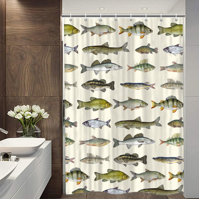 Sanzugh Rustic Cabin Fishing Camper RV Shower Curtain for Travel Trailer Bathroom, Country Lake Camping Small Shorter Fabric Shower Curtains Set, Happy Camp Decor Accessories with Hooks 47X64 inch