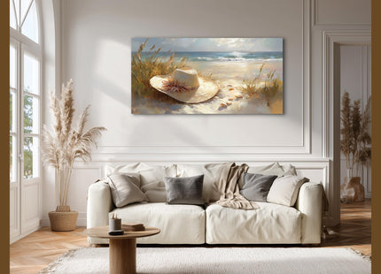EIDOGRAF Beach Canvas Wall Art, Coastal Art Prints, Straw Hat Beach Pictures Wall Decor, Modern Coastal Landscape Painting for Living Room, Bedroom Decor Poster Framed Artwork Ready to Hang 24x12 Inch
