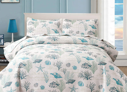 CHESITY Beach Quilts Twin Size 3-Piece Reversible Ocean Bedspread Coastal Bedding Set Summer Lightweight Starfish Seashell Conch Coverlet Set Bedding Cover Conch Sheet(68"x86")