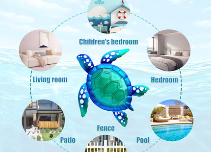 JOYBee Sea Turtle Wall Art Decor, Metal & Glass Sea Life Nautical Home Wall Hanging Decor,Ocean Theme Coastal Decorations for Indoor Outdoor Bathroom and Garden-Blue（Set of 3）