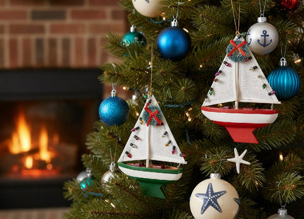 NAUTIMALL Wooden Sailboat Christmas Hanging Ornament, 5 Inch Tabletop Nautical Decor, Set of 3, Blue Green Red