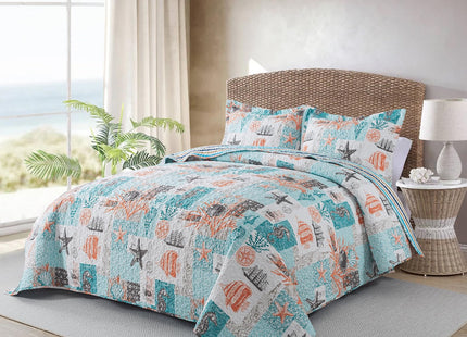 Travan Nautical Quilt King Size, Ultra Soft & Fade Resistant Coastal Quilt with 1 Quilt Set and 2 Shams, Beach Quilt Sets for All Season, New Continent, King