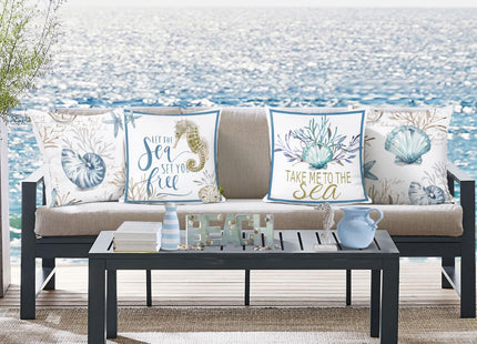 Bonhause Nautical Coastal Throw Pillow Covers 18x18 Set of 4 Ocean Themed Beach Seashell Coral Starfish Pillows Case Soft Velvet Cushion Covers for Outdoor Sofa Home Decor